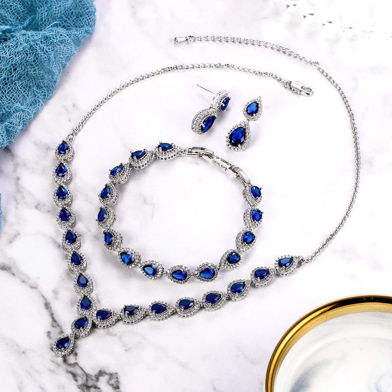 BriLove Wedding Bridal CZ Jewelry Set for Women Teardrop Infinity Figure 8 Y-Necklace Tennis Bracelet Dangle Earrings Sapphire Color Silver-Tone September Birthstone - Image 5